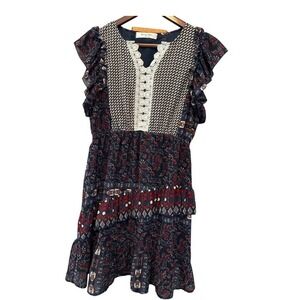 Dainty Habit Mixed Print Boho Mini Dress Crochet Lace Ruffle Sleeve Sz M